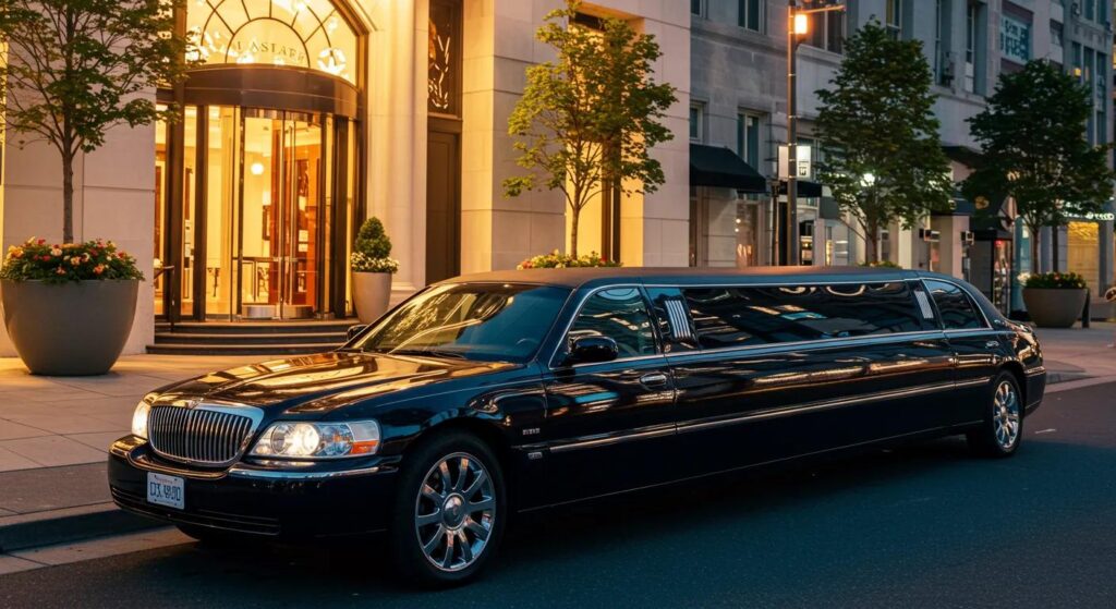 a sophisticated urban setting showcases a sleek, polished stretch limo parked in front of an elegant venue, with twinkling city lights mirrored on the vehicle's shiny surface, symbolizing luxury and celebration.