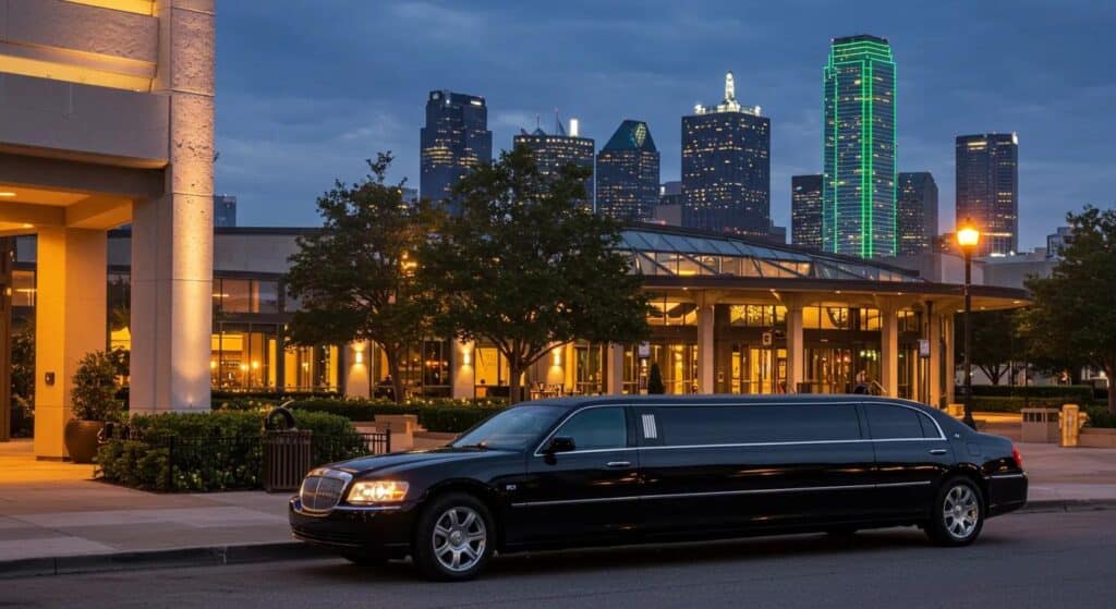 a sleek black stretch limousine is parked outside a luxurious dallas event venue, illuminated by a vibrant city skyline at dusk, exuding elegance and sophistication for an upscale celebration.