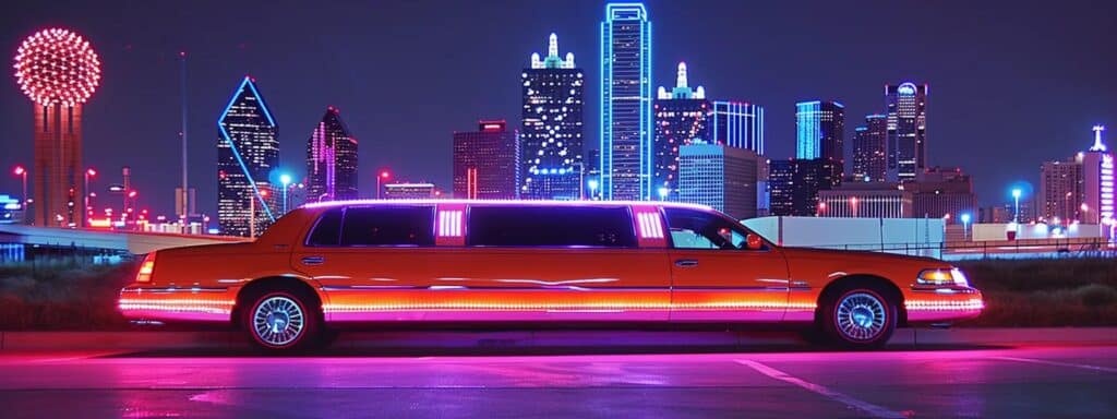 a sleek stretch limousine glimmers under the vibrant neon lights of the dallas skyline, exuding luxury and sophistication, poised at a bustling urban event ready to celebrate special occasions.