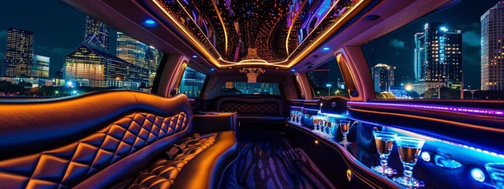 an opulent stretch limo gleams under the vibrant lights of a city skyline at night, showcasing a sophisticated interior with plush seating and champagne flutes ready for a luxurious event in dallas.